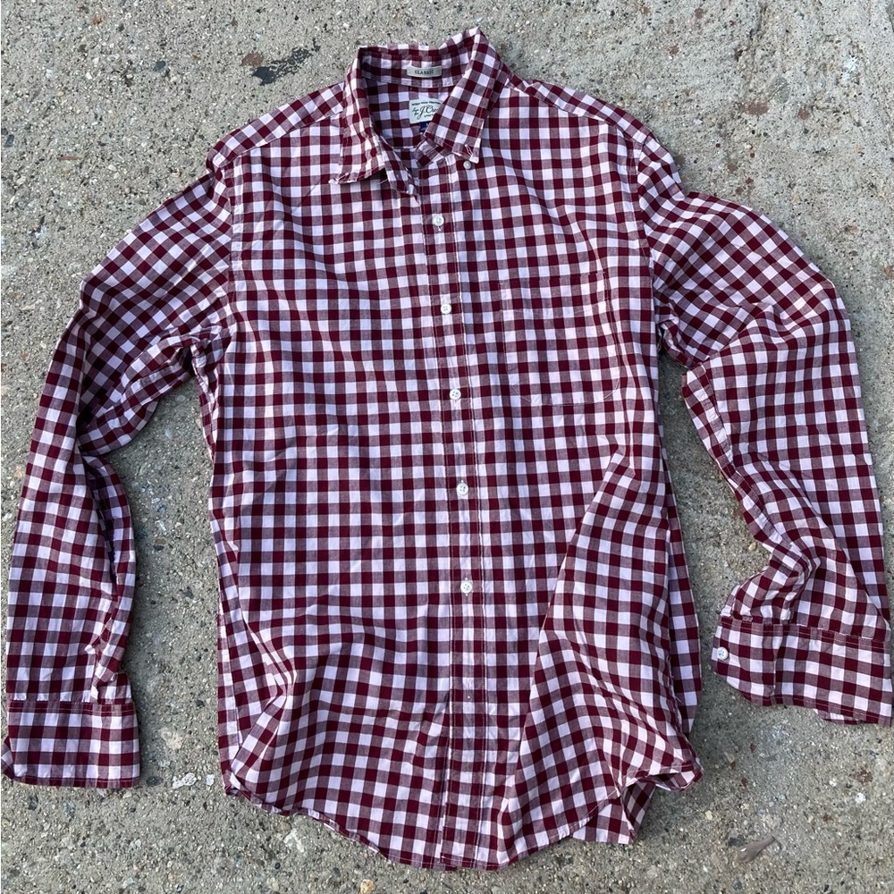 J.CREW Gingham Stretch Secret Wash Shirt - Merlot - Medium